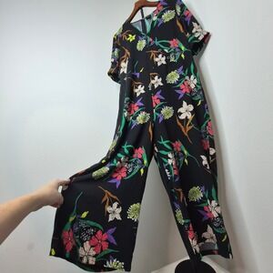 Worthington Floral Wide Leg Jumpsuit Black V-Neck Maximalist Dopamine Romper XL
